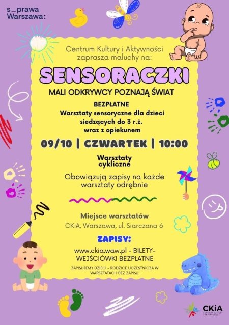 Sensoraczki 9/10/2025 - bezpłatne zajęcia dla dzieci siedzących do 3 r.ż. z opiekunem.